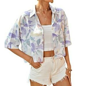 Oversized Button Down Short Sleeve Shirt Textured Collared Crop Top Purple